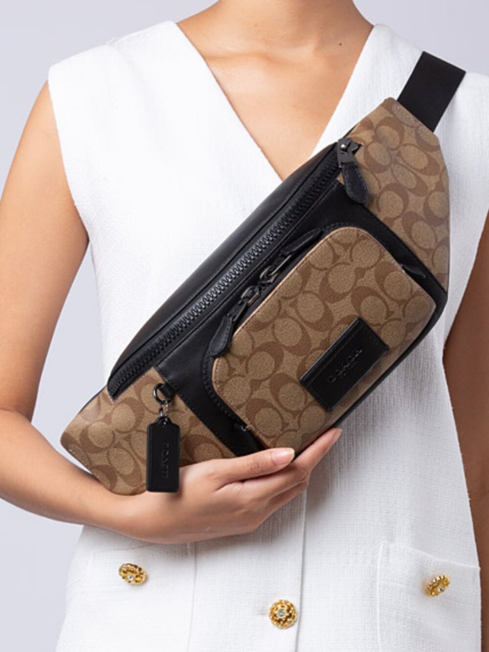 Coach Tan Signature Canvas and Black Leather Belt Bag
